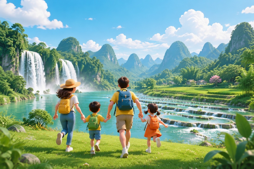 亲子图片，爸爸妈妈和孩子向前奔跑的背影，前面的风景是德天瀑布和明仕田园鱼鳞坝，整体风格简洁大气，适合暑期宣传，参考参考图的3D卡通插画风格预览效果