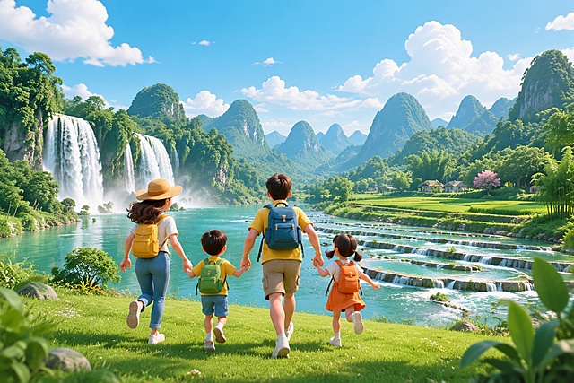 亲子图片，爸爸妈妈和孩子向前奔跑的背影，前面的风景是德天瀑布和明仕田园鱼鳞坝，整体风格简洁大气，适合暑期宣传，参考参考图的3D卡通插画风格