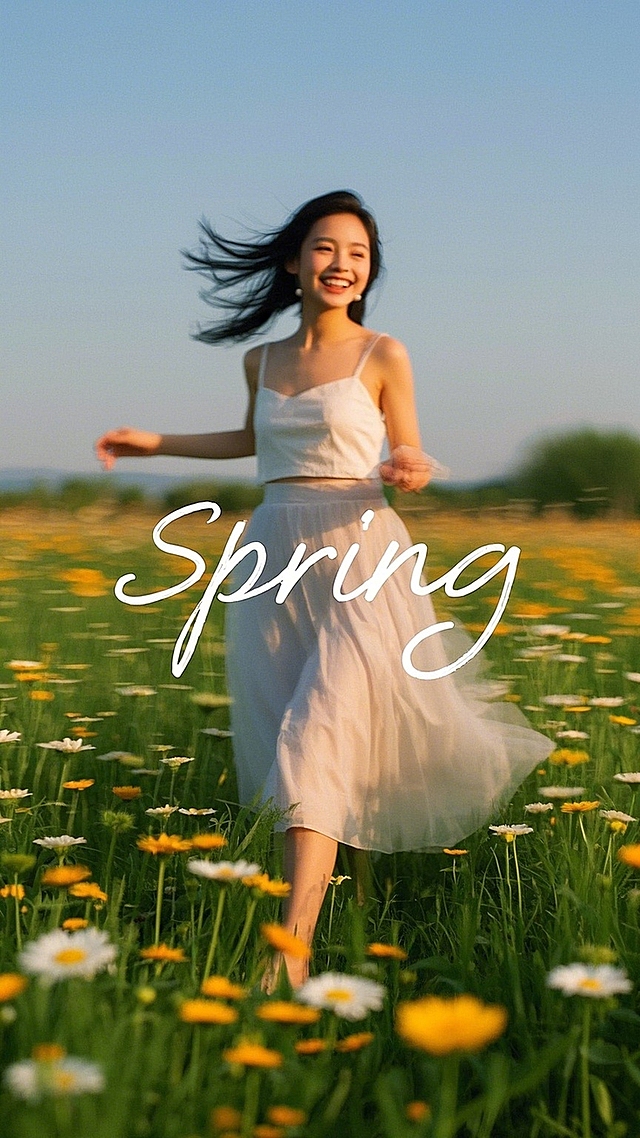 春日花海，少女轻舞，水彩风柔美浪漫，清新唯美的实景印象画派。