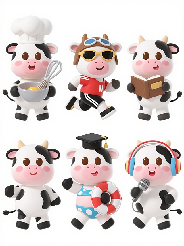 六个完全不同元素内容的奶牛系列素材集合，保持白色背景和统一的可爱卡通风格，规整排布。每个奶牛都具有圆润的身体比例、大大的棕色眼睛、粉色的鼻子和脸颊红晕、以及黑白相间的经典奶牛花纹。第一个奶牛戴着厨师帽，手持搅拌碗和打蛋器；第二个奶牛穿着运动服，正在跑步；第三个奶牛戴着飞行员墨镜，手持相机；第四个奶牛戴着博士帽，手持书本；第五个奶牛穿着泳装，手持救生圈；第六个奶牛戴着耳机，手持麦克风。所有奶牛都以不同的活泼姿势呈现，整体画面充满童趣和欢乐氛围。