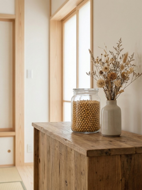 创意场景：展示密封玻璃罐储存的黄豆，放在质朴原木餐边柜上，旁边搭配干花装饰，日式简约家居风，干净通透，高级朴实风格，产品外观保持一致，3:4比例，2K分辨率预览效果