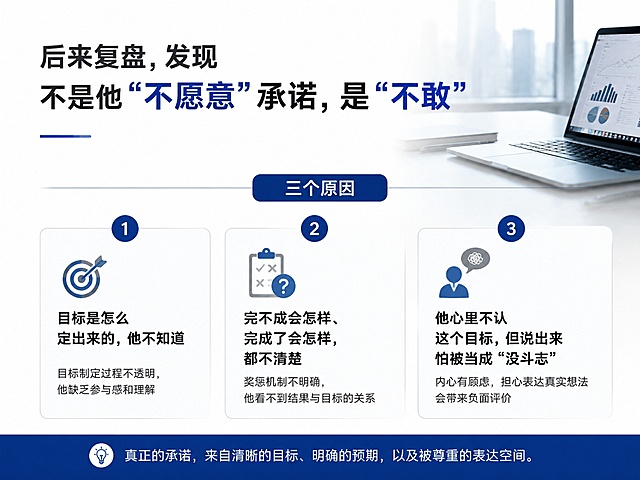 请生成一张微信公众号文章的插图，内容是：后来复盘，发现不是他“不愿意”承诺，是“不敢”。三个原因。
第一，目标是怎么定出来的，他不知道。 
第二，完不成会怎样、完成了会怎样，都不清楚。 
第三，他心里不认这个目标，但说出来怕被当成“没斗志”。