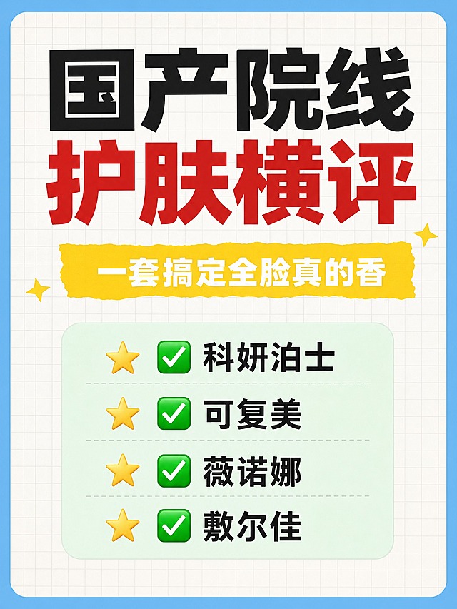 小红书方格纸清单手账风格封面卡片，3:4竖版，1080×1440px。整体为干货测评种草氛围，条理清晰，模块分明，装饰克制。外层浅蓝色#73B8F0大圆角外边框。页面主体背景为浅灰白色#F8F8F8，叠加浅灰色细淡方格网格，禁止点阵、横线、活页孔、备忘录UI。顶部为撞色大标题，粗厚重无衬线字体，黑白+红色撞色，字号最大，主标题文字为："国产院线护肤横评"。标题下方是黄色撕边贴纸样式块#FFE047，白色文字副标题："一套搞定全脸真的香"，搭配少量星星emoji点缀。画面中央偏下位置有一个极浅薄荷绿色#E8F7E9圆角底板，内部用黑色#222222常规无衬线字体列出4个品牌要点，每行前有⭐星星符号和✅勾选符号：科妍泊士、可复美、薇诺娜、敷尔佳。emoji只做少量点缀，禁止堆砌。禁止荧光高亮文字，禁止手绘涂鸦边框。模拟翻阅纸质方格笔记本干货清单的真实视觉感受。文字清晰可读，手机阅读舒适。