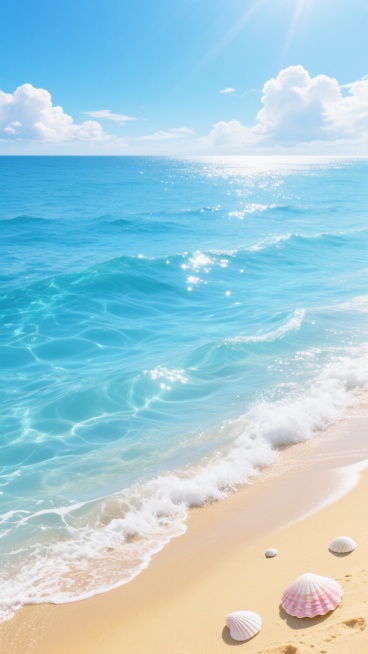 从空中俯瞰视角，清澈碧蓝的海水在阳光下波光粼粼，呈现出由浅至深的渐变蓝色调，层层叠叠的水波荡漾，形成柔和的曲线纹理，海浪轻轻拍打着下方金黄色的沙滩，沙滩上散落着几个白色和浅粉色相间的贝壳，天空湛蓝，漂浮着几朵蓬松的白云，阳光明媚，光线充足，营造出宁静、清新、治愈的夏日海滩氛围，整体画面具有超写实的质感，色彩鲜明和谐，光影效果自然，细节丰富，给人一种开阔、舒适的感觉。预览效果