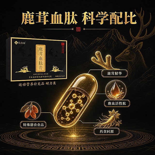 [主图-3] 成分与工艺细节 鹿茸血肽核心成分展示 特殊膳食营养补充 科学配方
[统一基调] 整体风格为高级国风黑金质感，深黑底色搭配烫金线条与暗纹，背景融入长白山山脉剪影与金色梅花鹿剪影元素，标题字色为烫金色，辅助字色为米白色，强调色为朱砂红印章色，字体为厚重宋体与书法标题结合，卡片与边框采用回纹金边样式，整体氛围尊贵滋补、东方雅致。
[画面] 产品包装盒位于画面左上方，占比约35%，斜45度展示。画面中央偏右是放大的成分展示区：一颗金色的透明胶囊剖面悬浮在空中，内部有金色的肽分子结构光点，周围环绕着四味核心原料的金色剪影——鹿茸、鹿血、人参、枸杞，每味原料旁有细小的金色文字标注。背景是淡淡的长白山山脉暗纹与一只昂首的金色梅花鹿头部侧影剪影，鹿角优美舒展。画面底部有一圈金色的回纹圆环装饰。
[光影质感] 商业摄影级精品质感，胶囊剖面有通透的玻璃光泽，内部肽分子有自发光效果，原料剪影边缘有金边光晕，产品盒光影真实，整体光感细腻高级。
[配色] 主色：深邃黑、烫金色、透明金；辅助色：米白；背景融入梅花鹿头部剪影与山脉暗纹。
[文字版式] 顶部主标题「鹿茸血肽 科学配比」烫金粗宋体居中。胶囊周围用金色细线引出四个成分标签：「鹿茸精华」「鹿血活性肽」「药食同源」「特殊膳食食品」，标签为金色细边框圆角矩形，内文米白色。产品盒下方标注「运动营养补充品 耐力类」金色小字。文字排版均衡，不遮挡核心视觉。
[输出要求] 1:1正方形比例，2K分辨率，产品外观与原图一致，成分展示清晰有科技感，梅花鹿元素点缀自然。负向：产品变形、错字、医疗功效宣称、治疗暗示、绝对化用语、水印、杂乱背景。