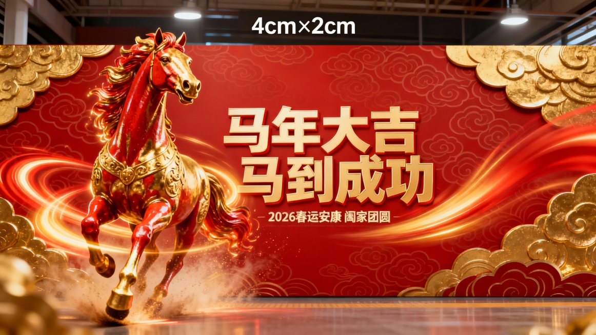  4m×2m横幅，红底鎏金祥云纹样打底，立体浮雕质感金红骏马，正面昂首奔腾冲破画面边界，周身萦绕金红光晕与疾风特效，画面中央加粗文字“马年大吉 马到成功”，下方小字“2026春运安康 阖家团圆”，喜庆预览效果