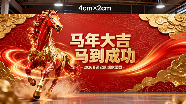  4m×2m横幅，红底鎏金祥云纹样打底，立体浮雕质感金红骏马，正面昂首奔腾冲破画面边界，周身萦绕金红光晕与疾风特效，画面中央加粗文字“马年大吉 马到成功”，下方小字“2026春运安康 阖家团圆”，喜庆氛围拉满，高清展示，色彩鲜明醒目 