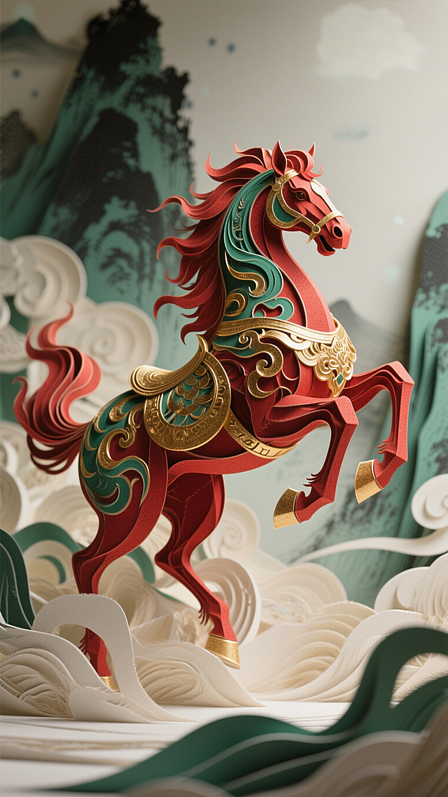 国潮风剪纸马，鎏金浮雕纹饰，红绿相映，云山缭绕，梦幻奢华，尽显中式优雅与复古唯美感。