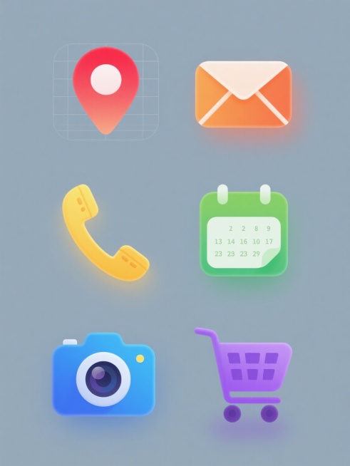 一组6个同风格不同元素的图标集合，规整排布在纯色背景上，保持原图标柔和渐变色彩风格、简约现代的2D设计语言、平滑圆润的线条处理和轻微高光阴影的立体感表现。元素类目包括：1. 红色渐变定位标记图标置于网格地图之上，2. 橙色渐变信封图标带有白色封口线条，3. 黄色渐变电话听筒图标带有按键细节，4. 绿色渐变日历图标显示日期数字，5. 蓝色渐变相机图标带有镜头和闪光灯细节，6. 紫色渐变购物车图标……预览效果