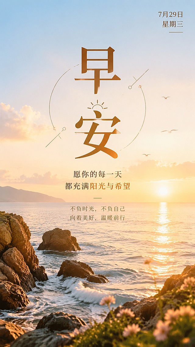 清新自然风朋友圈早安海报，主标题“早安”居中，右上角标注“7月29日 星期三”，画面搭配清晨海边礁石风景，文字清晰可读，版式精美，色调柔和温暖，竖版构图