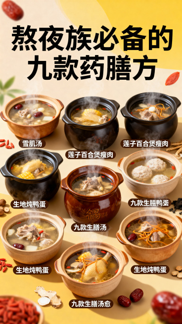 一张中医养生美食海报，展示熬夜族必备的九款药膳汤品，背景为暖色调养生氛围，摆放着多个砂锅盛着不同药膳汤，包含雪肌汤、莲子百合煲瘦肉、生地炖鸭蛋等多款汤品，整体风格温馨健康，配有文字标题“熬夜族必备的九预览效果