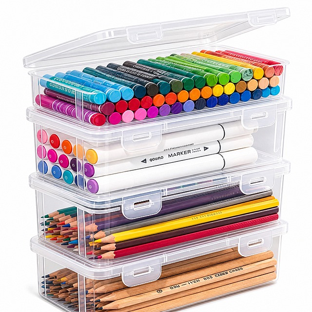 [主图-1] Clear Stackable Storage Boxes with Lids — See-Through Organizer Cases for Pens Markers Craft Supplies and Small Parts 首图。唯一任务：在纯白无缝背景上完整清晰展示透明带盖收纳盒的成套外观、盖体与卡扣结构；产品外观、结构、材质、颜色与比例必须与输入图完全一致。
[统一基调] 明亮通透的桌面收纳电商信息图；暖白与浅灰白底、原木桌面与浅灰柜内为环境色；主标题深海军蓝，辅助文案中灰，强调色清透蓝；全套只用一种几何无衬线粗体字，标题最粗最大、辅助文案缩小五成以上且只变字号层级不换字体；组件统一为 12px 圆角白卡配 1px 浅灰描边与 2px 线性图标；光影统一左上方明亮柔光、产品下方自然接触阴影。
[画面] 纯白无缝背景，产品占画面 85% 以上且轮廓完整不被裁切；三只透明收纳盒上下整齐叠放成一体，盒盖朝向一致、叠放缝隙均句，侧面与前部的卡扣锁紧件完整可见；最上方一只盒盖打开约 45° 斜靠在叠放体顶部，盒内整齐摆放的彩色马克笔清楚可见；透明盒壁边缘扫圆角、无毛刺、无脏污与划痕；画面中不出现手、桌面道具、人物或任何背景道具。
[光影质感] 均匀明亮柔和的影棚主光，盒体下方与叠放层间保留浅淡自然接触阴影；透明盒壁呈清透亚克力质感与细窄边缘高光，彩色笔色彩干净不发灰，禁止悬浮感与生硬剪影。
[配色] 纯白底，只保留透明盒体与盒内彩色笔的原本配色，不添加背景色块。
[文字版式] 首图不加任何文字、图标、角标、水印或平台 Logo。
[输出要求] 比例 1:1（2048×2048），产品清晰锐利、材质真实；负向：盒体变形、卡扣缺失或结构错误、叠放错位、产品错位、颜色偏移、主体模糊、悬浮、多余道具、文字、水印、平台 Logo。