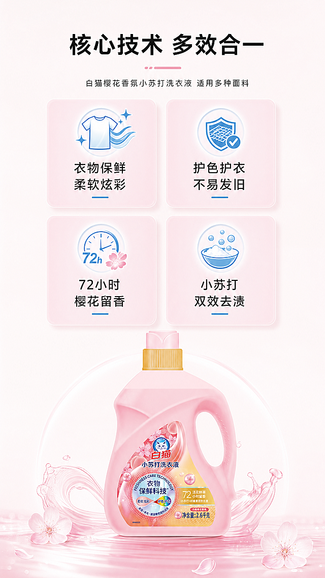 [第3屏] 核心功能解析屏，展示白猫洗衣液核心技术卖点。
[氛围/风格] 专业科技感，干净通透，柔和视觉，清晰直观。
[元素布局] 页面顶部主标题，中部2x2四宫格布局展示四个核心卖点，底部放置完整产品图，保持产品外观和包装文字与原图1一致，产品放在底部居中，不遮挡上方卖点信息。每个宫格用圆角浅粉色卡片承载，配小图标和短标题。
[光影质感] 整体均匀柔和光照，卡片有轻微阴影增加层次感，产品光影自然真实。
[配色色系] 全局底色：#F9F2F4（浅粉），卡片底色：#F5E0E6，主体文字黑色，卖点标签用浅蓝点缀。
[视角构图] 上下分层排版，顶部标题+中部四宫格+底部产品，层次清晰，信息分布均匀。
[文字版式] 顶部主标题"核心技术 多效合一"，居中加粗；四个宫格分别标注：1."衣物保鲜 柔软炫彩"，2."护色护衣 不易发旧"，3."72小时 樱花留香"，4."小苏打 双效去渍"，每个宫格图标+文字清晰展示，底部产品上方小字标注"白猫樱花香氛小苏打洗衣液 适用多种面料"，文字全部清晰可读，排版工整不拥挤。
[比例分辨率] 9:16竖版比例，4K分辨率，文字清晰可辨。
[负向提示词] 产品变形，包装文字错乱，图标模糊，文字重叠，颜色偏差，水印，杂乱背景，绝对化极限词。