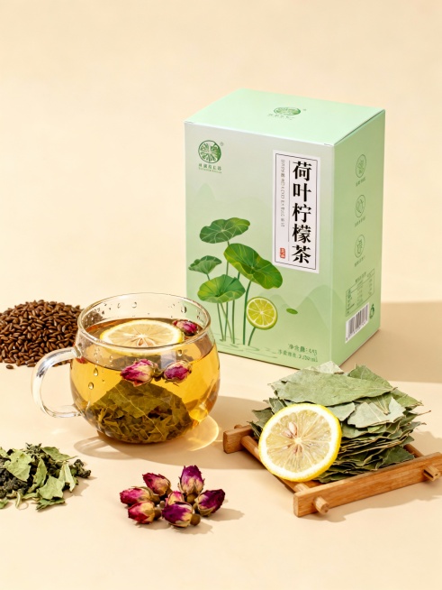 高端摄影海报，「荷叶柠檬茶」，米色背景，素材都集中在中间（边上不能有素材是超出花光的），所有素材都围绕着产品，，全部露出：
1. 主体核心：产品包装盒（视觉重心）
位置：画面中央偏右，突出立体度，产品预览效果