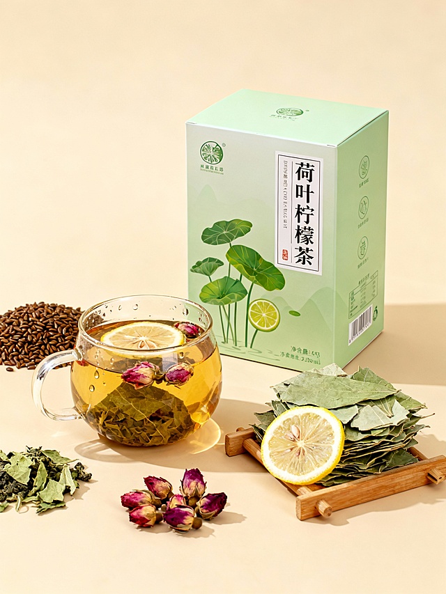 高端摄影海报，「荷叶柠檬茶」，米色背景，素材都集中在中间（边上不能有素材是超出花光的），所有素材都围绕着产品，，全部露出：
1. 主体核心：产品包装盒（视觉重心）
位置：画面中央偏右，突出立体度，产品最大
2. 周围布局：天然原料与饮用场景（强化「食材本味」）
左侧前景：一只玻璃杯杯，盛着浅琥珀色茶汤（液面泛着细微油光，符合中药茶的质感），杯底沉着几片荷叶干叶与柠檬干片和干玫瑰花苞，杯壁挂着几滴水珠。
包装盒右前方：一个木质小托盘装着散落干燥中药材（自然堆叠，无刻意摆放）——
一堆荷叶干片；一把柠檬片
左后方放着一堆决明子
左前方放着一些桑叶干，干玫瑰花苞，增加野趣。
多生成几张，比例 「3:4」