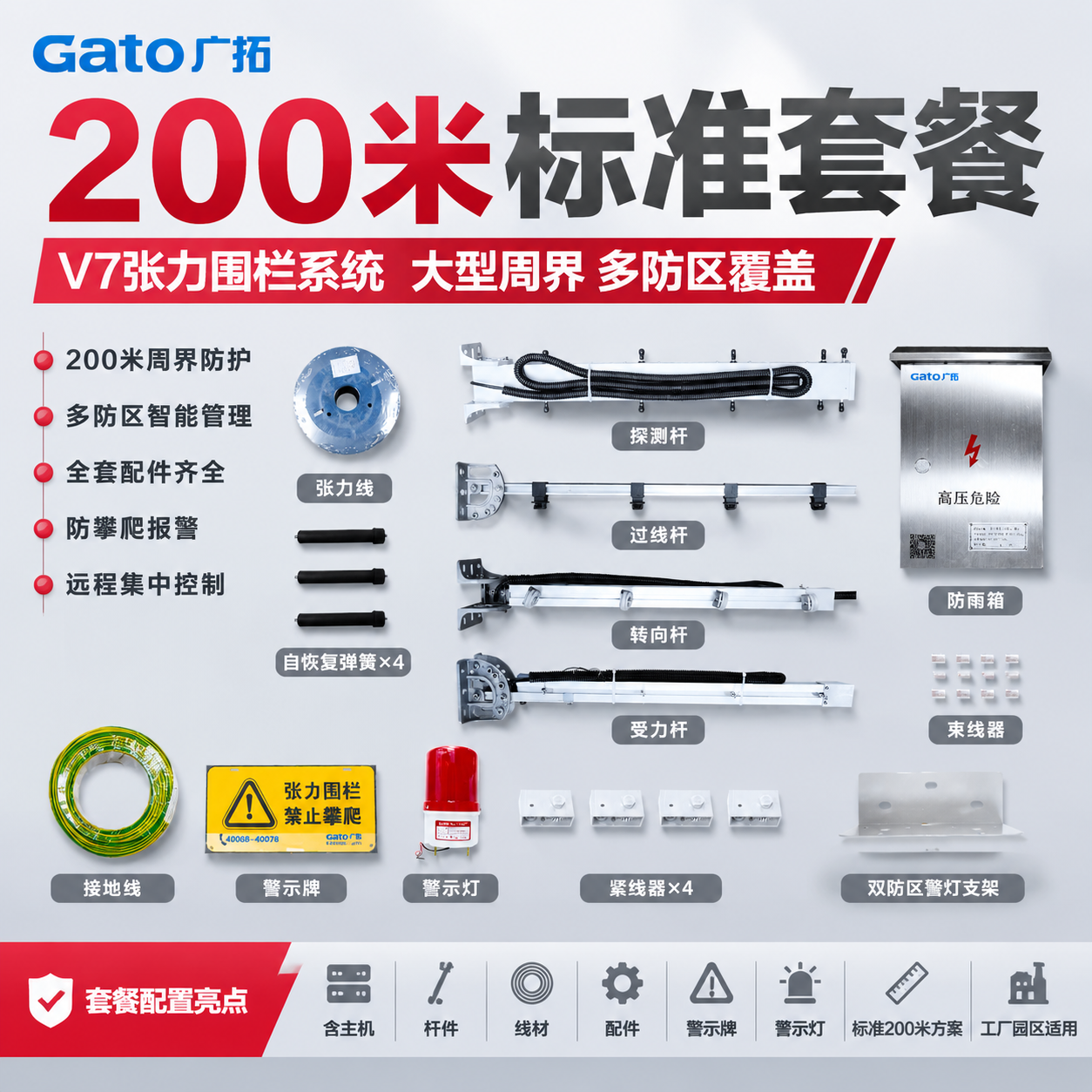 电商主图，产品为200米标准套餐 V7张力围栏系统全套。报警行… - 图片创意预览
