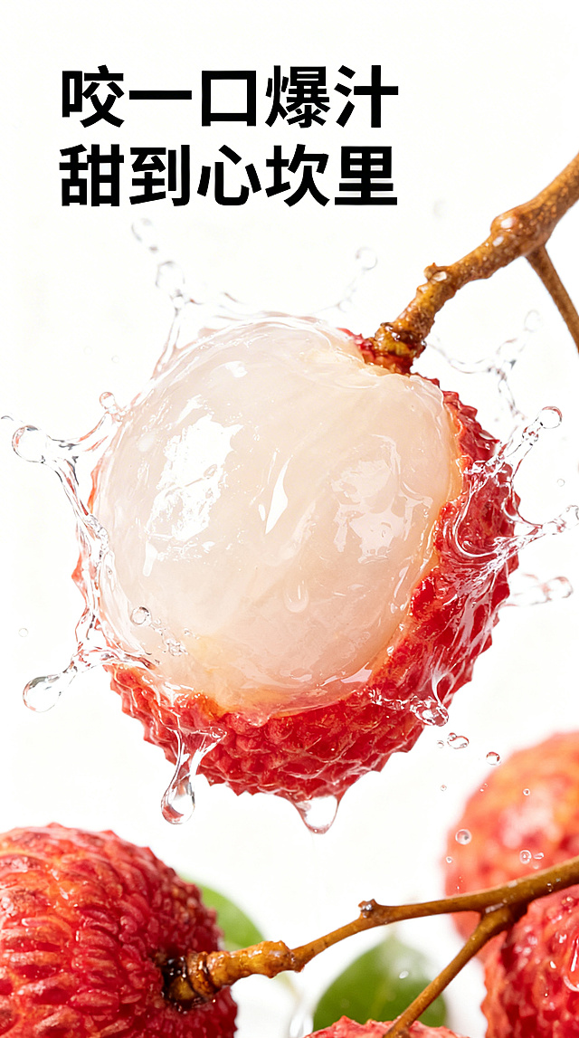 基于原图的新鲜荔枝，生成电商详情图，添加文案"咬一口爆汁 甜到心坎里"，特写荔枝果肉汁水溢出的瞬间，动态效果增强多汁感