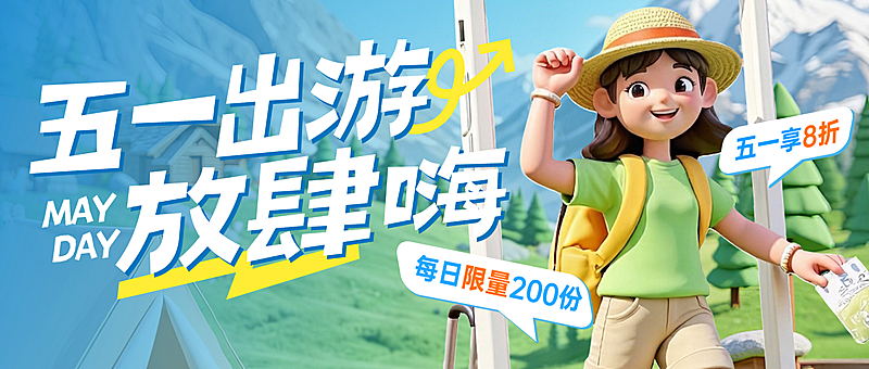 五一劳动节节日活动旅游出行3D立体人物公众号首图