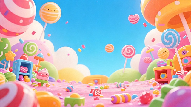 去掉画面中的四个小动物以及上方的英文标题'CUTE ADVENTURE'，保留彩色糖果棒棒糖的甜蜜背景风格，整体色彩和风格保持不变