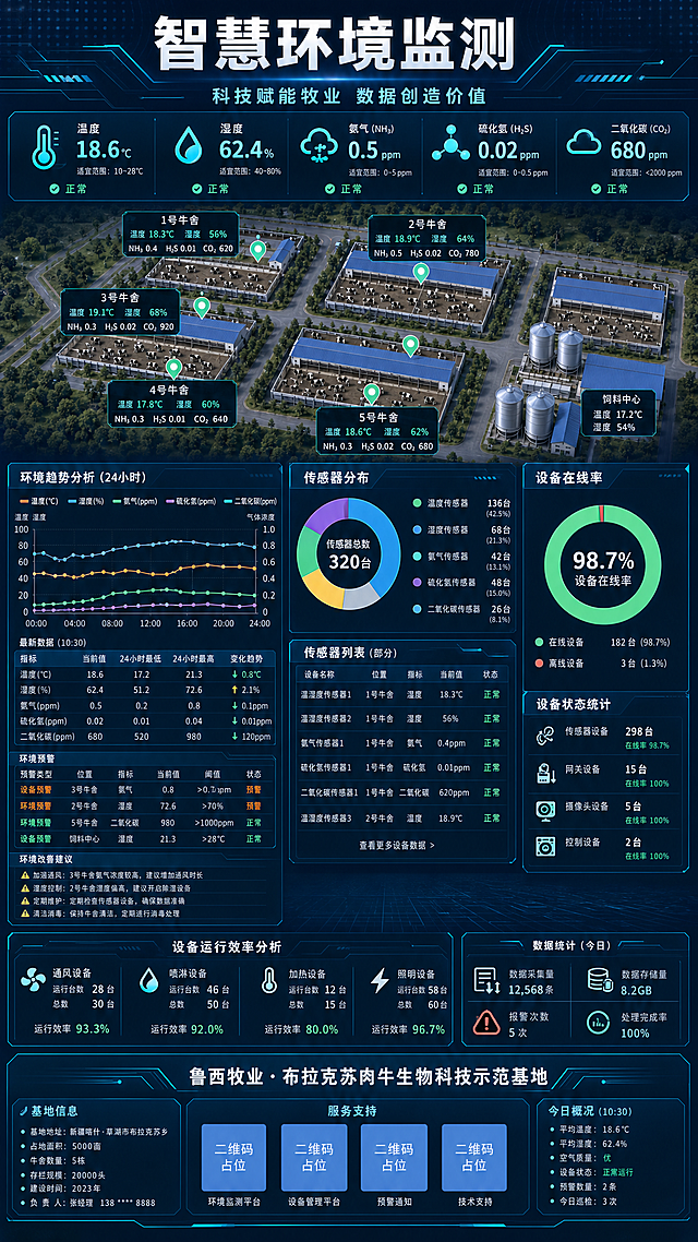 竖版智慧养殖墙绘海报，主题：环境检测。画面采用科技数据大屏风格，深蓝色科技背景，顶部大标题文字"智慧环境监测"，副标题"科技赋能牧业 数据创造价值"。画面中央展示现代化牛棚鸟瞰图，牛棚上方悬浮多个传感器数据卡片：温度18.6℃、湿度62.4%、氨气0.5ppm、硫化氢0.02ppm、CO₂ 680ppm，每个数据配对应图标。左侧展示环境趋势折线图，右侧展示传感器分布饼图和设备在线率环形图。底部文字"鲁西牧业·布拉克苏肉牛生物科技示范基地"。整体风格：专业大气、深蓝青色调科技风、数据可视化元素丰富、画质精细、文字清晰锐利。画面中所有信息区域必须填充完整合理内容，不得出现空白框。画面中所有二维码区域使用纯色方块占位符呈现，方块中央标注"二维码占位"文字，严禁生成任何可识别的二维码图案。严禁出现乱码、错字、水印及AI生成标识。
