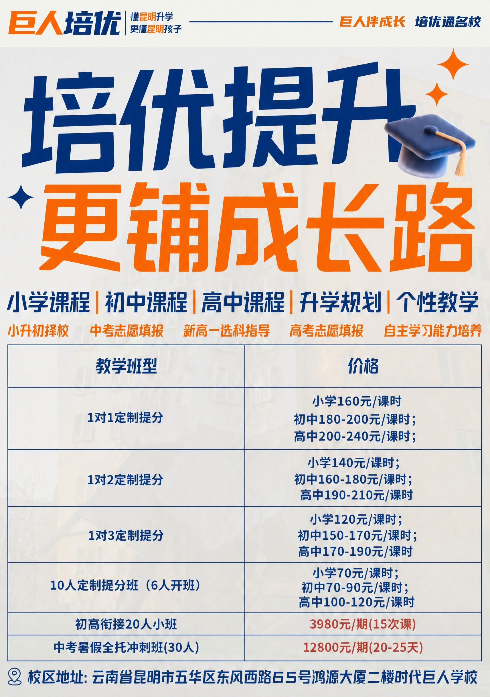 基于这张巨人培优培训海报进行修改：在价格表格中“1对1定制提分… - 图片创意预览