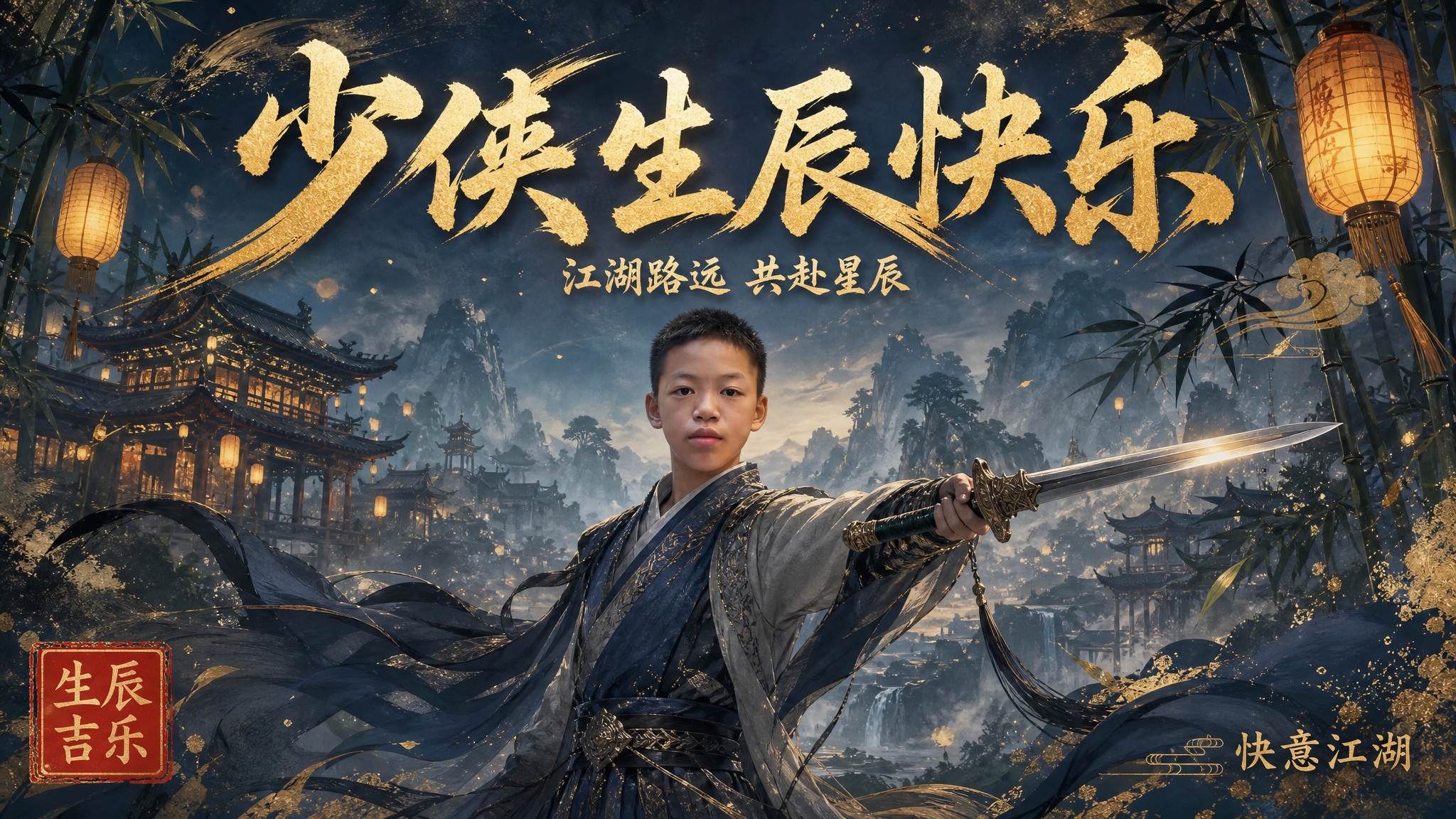 将图中的少年作为主角，重绘为武侠风格的生日海报横版。少年身穿古… - 图片创意预览