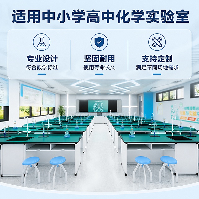 [主图-5] 适用场景与权益展示
[氛围风格] 专业可靠，清晰明确
[画质] 商业摄影质感，整体协调，信息清晰
[元素] 实验室整体场景做虚化背景，前景清晰展示核心信息，保留原图整体环境氛围，不改变原有产品结构颜色。画面分区域展示适用场景和选购优势，排版清晰
[光影] 整体光线均匀，前景信息区域明亮突出，背景自然虚化，层次分明
[配色] 背景保留原蓝绿白，前景信息区域用浅蓝半透明底，文字深色对比清晰
[视角构图] 满屏构图，背景场景+前景信息卡片组合，画中画结构，逻辑清晰
[文字版式] 顶部大字写"适用中小学高中化学实验室"，深蓝色粗体；下方分三栏展示核心优势：第一栏「专业设计」「符合教学标准」，第二栏「坚固耐用」「使用寿命长久」，第三栏「支持定制」「满足不同场地需求」，每栏上大字下小字，对齐工整，文字清晰不拥挤，底部预留空白，不遮挡主体
[输出要求] 1:1比例，文字清晰锐利，超高清商业摄影质感
[负向提示词] 变形，文字错乱，背景杂乱，水印，电商平台Logo