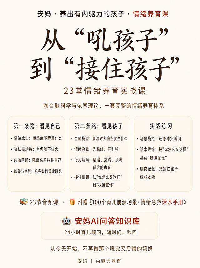 小红书竖版海报，尺寸1242×1660像素。背景暖杏色（#FDF8F0）。主要文字深棕色（#4A3B2C），强调文字砖红色（#C45C3B）。风格温暖、留白充足、简洁专业。标题使用手写体或衬线体，正文使用无衬线体。内容从上到下：1. 顶部品牌区居中一行："安妈 · 养出有内驱力的孩子 · 情绪养育课"，其中"情绪养育课"砖红色。2. 主标题大字分两行："从‘吼孩子’" "到‘接住孩子’"，下面小字"23堂情绪养育实战课"，浅棕色。3. 专业介绍语：浅棕色小字，居中，写一行或两行："融合脑科学与依恋理论，一套完整的情绪养育体系"，如需分行可拆成两行，不加装饰线。4. 三个核心模块，横向三列，每列用浅色圆角框包起来，框内文字左对齐，小字号。左列标题"第一条路：看见自己"，内容4条：· 情绪冰山：愤怒底下藏着什么 · 杏仁核劫持：为何刹不住火 · 应激阻断：吼出来前拉住自己 · 破裂与修复：吼完如何重建联结。中列标题"第二条路：看见孩子"，内容4条：· 全脑模型：崩溃时大脑在发生什么 · 情绪急救：先联结，再引导 · 行为解码：磨蹭、撒谎、顶嘴背后的声音 · 接住情绪：从"你怎么又这样"到"我接住你"。右列标题"实战练习"，内容3条：· 场景模拟：还原冲突瞬间 · 话术跟练：把"你怎么又这样"换成"我接住你" · 肌肉记忆：把接住孩子练成本能。5. 课程信息区：一行或两行，浅棕色，带图标📚🎁，写："📚 23节音频课  ·  🎁 附赠《100个育儿崩溃场景·情绪急救话术手册》"（其中"话术手册"砖红色）。6. 知识库独立模块：单独用一个浅色圆角框，居中，内容：第一行砖红色加粗："🤖 安妈Ai问答知识库"，第二行浅棕色小字："24小时育儿顾问，随时问，秒回"。7. 行动引导：浅棕色小字居中，写"从今天开始，不再做那个吼完又后悔的妈妈"。8. 底部："安妈 ｜ 内驱力养育"浅棕色小字居中。注意：整体留白充足，不要花哨装饰。三列模块高度尽量一致，内容较多时可缩小字号。知识库模块放在课程信息区下方、行动引导上方。