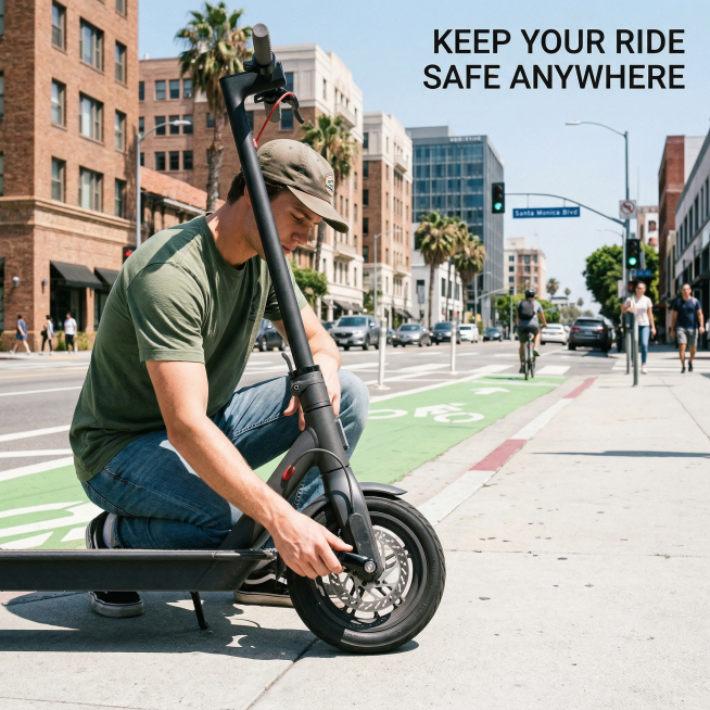 realistic scene image: young American man locking his electric scooter with the disc brake lock on a预览效果