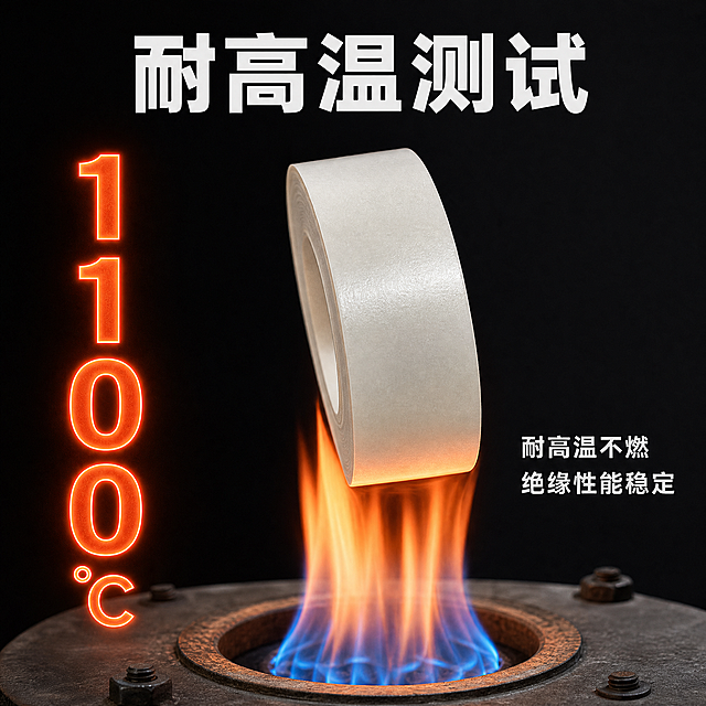 [主图-4] 合成云母带 耐高温性能展示图 直观展示1100度耐高温特性。
[统一基调] 1688 B端工业源头风 深灰到黑渐变背景突出高温场景 主标题白色粗黑体 强调色橙红色 辅助文字浅灰色 简洁规整 真实自然不精修。
[画面] 画面中央合成云母带一小段被放置在高温火焰上方 火焰呈蓝橙色从下方喷出 云母带保持完整不燃烧 不变形 画面左侧用大号数字"1100℃"突出耐高温温度 数字橙红色发光效果 右侧配文字说明"耐高温不燃 绝缘稳定" 背景深灰渐变 模拟工业测试环境 底部有一个小型测试炉台面 云母带放置在炉口上方。
[光影质感] 火焰光照亮云母带底部 形成暖色调反光 产品主体仍保持清晰可辨 火焰效果真实自然 云母带表面质感真实 不精修。
[配色] 背景深灰到黑色渐变 温度数字橙红色 标题白色 说明文字浅灰色 火焰蓝橙渐变色。
[文字版式] 左侧竖排大号"1100℃"数字 最醒目 上方主标题"耐高温测试"白色粗体 右侧说明文字"耐高温不燃 绝缘性能稳定" 白色小号 文字布局在画面左右两侧 中间留给产品和火焰场景。
[输出要求] 1:1正方形 高清2K 产品清晰 火焰效果真实 文字清晰 不变形 无水印 无平台Logo 自然真实不精修。