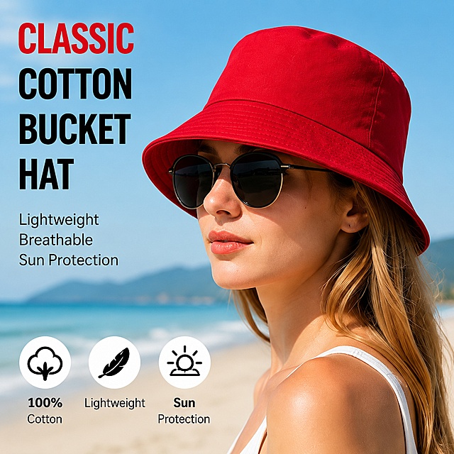 经典棉质红色渔夫帽，戴在模特头上，背景是海边沙滩，文字信息：CLASSIC COTTON BUCKET HAT，Lightweight Breathable Sun Protection，100% Cotton、Lightweight、Sun Protection，画面清晰干净，1:1正方形构图，适配亚马逊跨境电商主图
