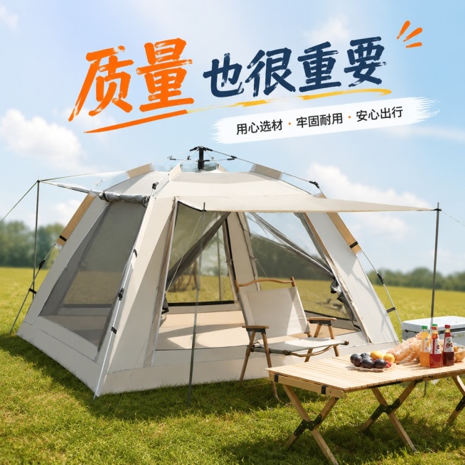 为户外露营帐篷换简洁背景突出商品主体，更换商品角度，调整拍摄色度与原图有差异，在图片上添加美观设计感的文字“质量也很重要”，保留原图比例不变预览效果