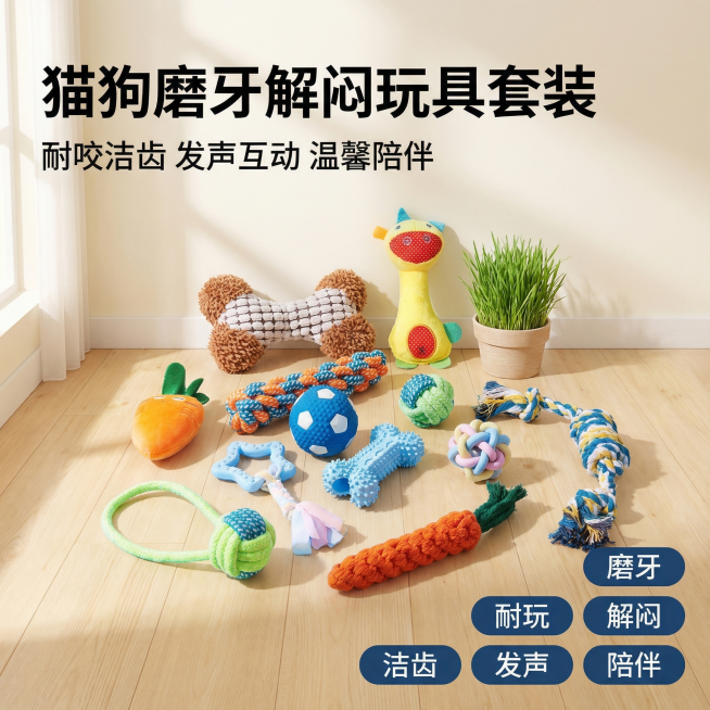 [主图 1] 猫狗玩具套装首图
[氛围/风格] 温馨清新宠物用品风格，明亮柔和自然光，干净通透，氛围感十足
[画面元素] 保留原产品的所有玩具外观和组合，整体放置在干净简约的浅色原木客厅地面上，背景为预览效果