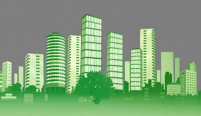 保留原城市建筑构图和清晰度，将所有红色替换为绿色渐变配色，保持原背景灰色不变