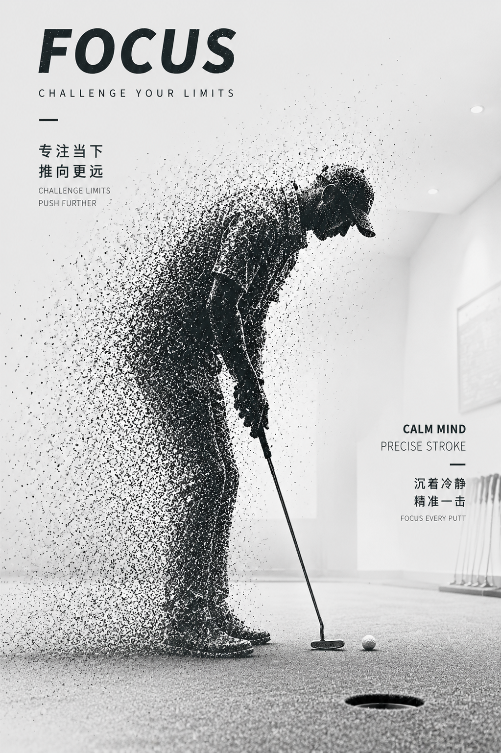 黑白粒子消散风格的室内高尔夫推杆画面，高尔夫球手弯腰专注推杆的… - 图片创意预览