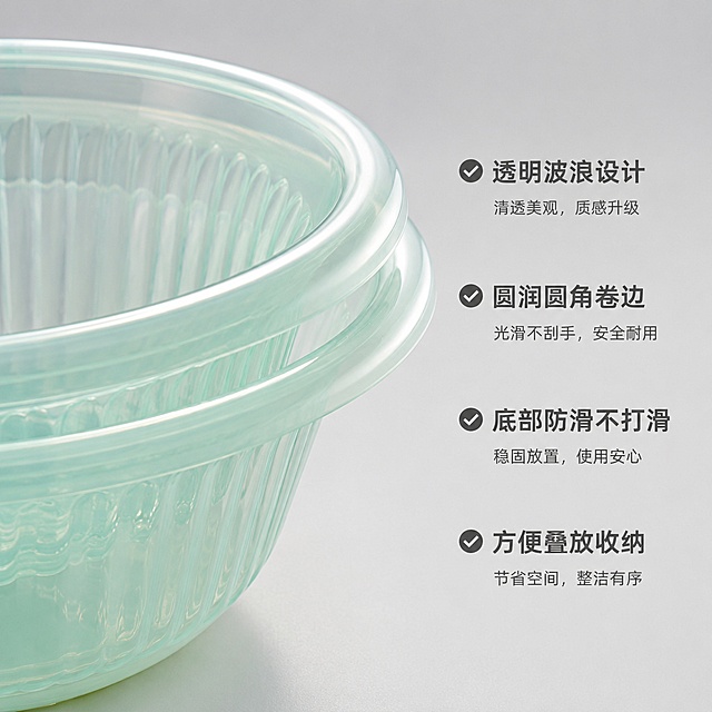 使用电商主图技能生成5张比例1:1的电商主图，适配平台为淘宝/天猫，商品为「图片1」，商品卖点为透明波浪盆水盆圆角卷边设计不打滑，