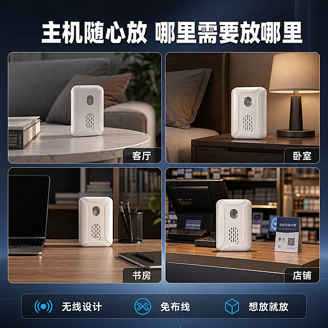[主图-9] 分体式门铃 主机可任意放置多场景展示。
[统一基调] 国内电商科技安防风格，整体冷灰蓝渐变背景，主色为深空灰+科技蓝点缀，标题字为白色粗体无衬线，辅助字为浅灰色，强调色为亮蓝色，字体统一为现代无衬线粗体，字号层级分明，卡片为圆角半透明深色玻璃质感，图标为线性蓝色图标。
[画面] 四宫格布局，展示主机在四个不同位置的放置场景，每个格子一个场景：1）客厅茶几上；2）卧室床头柜上；3）书房书桌上；4）店铺收银台上。每个场景中主机都放在合适位置，自然融入环境。四个场景分别代表家庭不同房间和商铺使用场景，体现主机可随意放置、不受位置限制的卖点。每个小场景都有简短标注。
[光影质感] 四个场景均为真实室内摄影质感，各场景光线符合环境特点，产品在每个场景中光影自然，比例正确。
[配色] 四个场景各自的真实环境色，整体协调，白色产品统一，标题文字统一白色。
[文字版式] 顶部大标题"主机随心放 哪里需要放哪里"，白色加粗。四宫格每格右下角小字标注场景名称："客厅""卧室""书房""店铺"。底部小字"无线设计 免布线 想放就放"。
[输出要求] 1:1正方形比例，2048x2048像素，四宫格布局均匀，每个场景真实自然，产品清晰。禁止场景比例失调、产品大小不一致、文字遮挡产品。