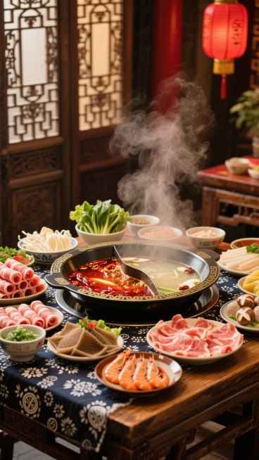 热气腾腾的鸳鸯火锅冒着浓郁香气，锅中翻滚着鲜红的麻辣汤底和清亮的菌汤，周围摆满肥牛卷、虾滑、毛肚、青菜等各色食材，木质餐桌上铺着传统花纹餐布，背景是古色古香的中式屏风和红灯笼，营造出温馨热闹的火锅盛宴氛围，整体呈现出温暖诱人的色调和丰富的层次感，充满地道的中式火锅文化气息。预览效果