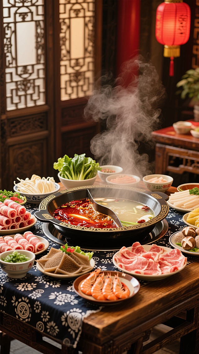 热气腾腾的鸳鸯火锅冒着浓郁香气，锅中翻滚着鲜红的麻辣汤底和清亮的菌汤，周围摆满肥牛卷、虾滑、毛肚、青菜等各色食材，木质餐桌上铺着传统花纹餐布，背景是古色古香的中式屏风和红灯笼，营造出温馨热闹的火锅盛宴氛围，整体呈现出温暖诱人的色调和丰富的层次感，充满地道的中式火锅文化气息。