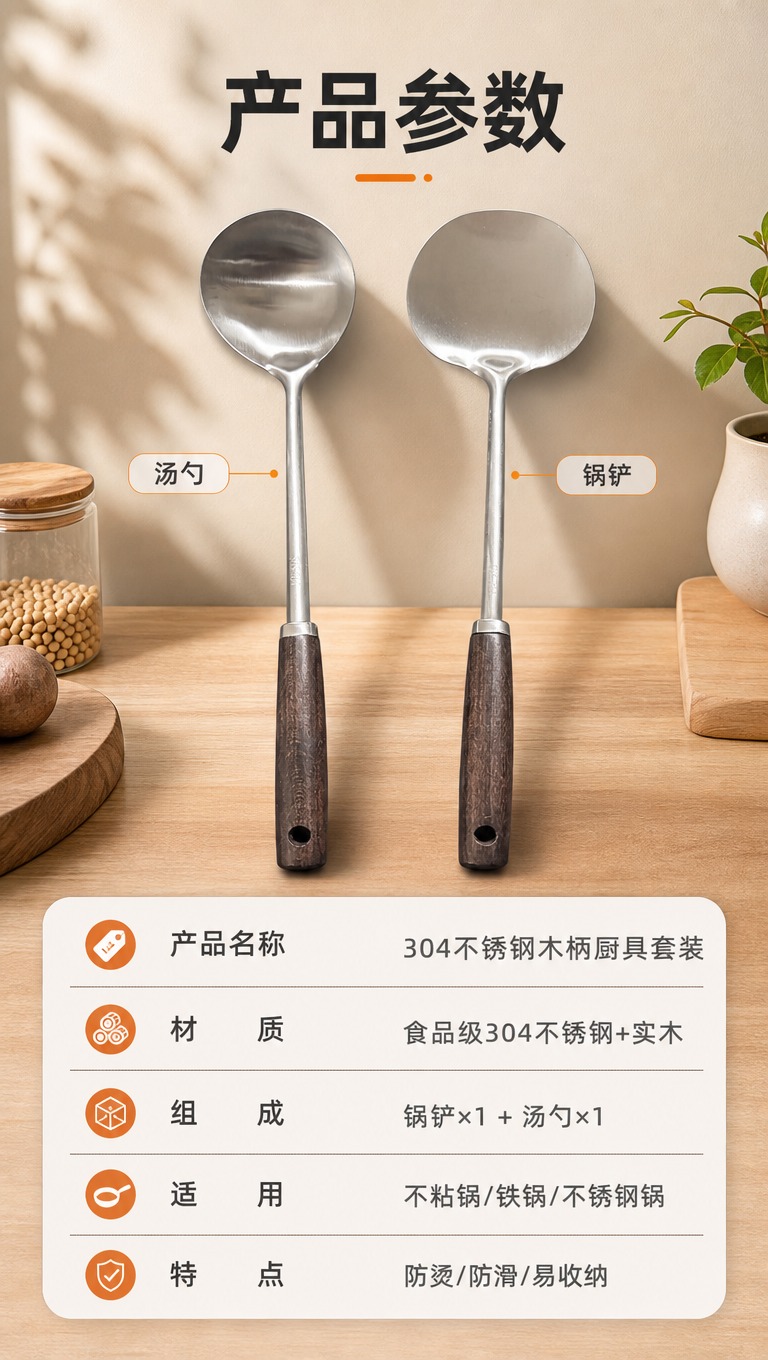 [商品] 使用【图1】304不锈钢木柄锅铲汤勺套装；保留产品结… - 图片创意预览