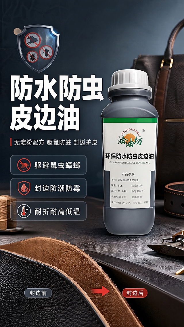 [商品] 使用【图1】油油坊环保防水防虫皮边油；黑色塑料瓶身、白色旋盖、绿色标签、品牌Logo"油油坊"及标签文字完整保留，瓶身结构比例不变；产品为皮革边油涂料，用于皮具毛边封边。
[画面] 目标：专业头图，建立防虫封边核心利益认知；包装海报型版式，产品瓶身居中偏右占画面55%，左侧留白放主副标题和3个核心卖点条；背景为深灰蓝渐变+皮具 workshop 场景虚化（皮革手袋、皮带局部），前景有皮革毛边与封边后对比示意，左上角有防虫盾牌图形元素；阅读动线从左上标题→中部卖点→右侧产品。
[视觉] 套系策略：风格=专业工业风商业摄影+3D渲染质感；标题字=粗黑体无衬线；正文字=思源黑体常规；主色=深灰蓝(#2C3E50)；背景延展=深灰蓝到中灰蓝渐变，叠加细腻皮革纹理暗纹；强调色=橙红色(#E74C3C)，仅用于小面积图标、引线、标签和重点数字高亮；标题色=白色；正文色=浅灰蓝(#BDC3C7)；组件=圆角深色信息卡、细白线引线、盾牌/水滴图标；光影=左前侧冷调硬柔光，瓶身有清晰高光带，背景暗角突出主体。
[文字] 左上主标题"防水防虫皮边油"，副标题"无淀粉配方 驱鼠防蛀 封边护皮"；下方3条短卖点：①驱避鼠虫蟑螂 ②封边防潮防霉 ③耐折耐高低温；文字区占画面40%，不遮挡瓶身标签和Logo。
[规格] 淘宝/天猫详情页单屏9:16竖版，4K分辨率，负向提示：避免瓶身变形、标签文字错乱、极限词、二维码、平台Logo、竖排文字、文字过小、冷蓝过度偏色、产品比例失调。