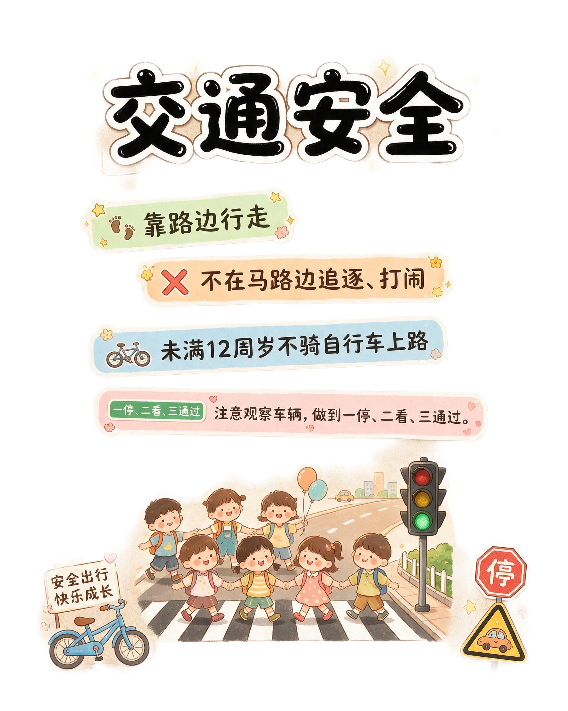 竖版儿童交通安全科普海报，浅米色牛皮纸质感底色，外围白色虚线装… - 图片创意预览