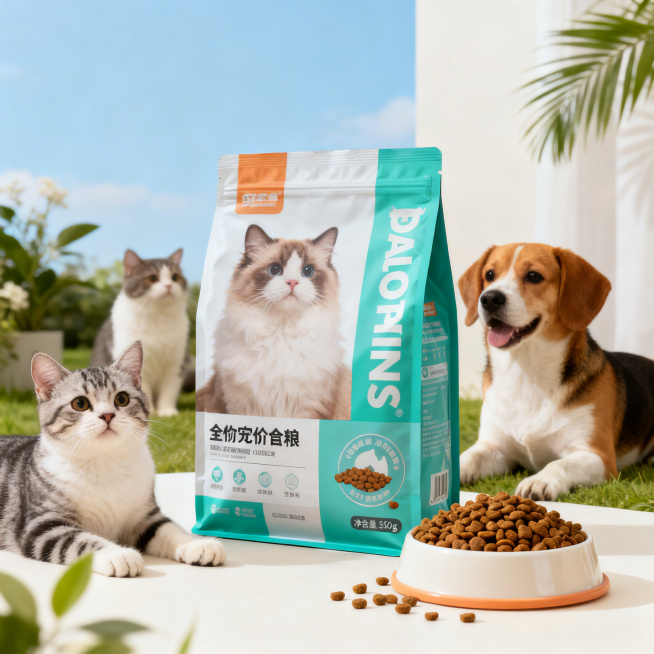 宠物食品商品展示图，高清质感，自然清新场景，摆放着袋装猫粮或狗粮，周围搭配可爱猫咪和狗狗元素，明亮柔和光影，适合电商主图展示预览效果