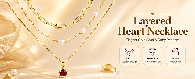 [商品] 使用【图1】金色三层叠戴项链；保留三层链条结构（最上层回形针链、中间珍珠链、最下层爱心红宝石吊坠链）、金色金属材质、白色圆形珍珠、红色心形宝石吊坠、吊坠包金边框；真实项链佩戴方向，吊坠位于正下方。商品处理：增强金属光泽与宝石通透感，珍珠圆润饱满，链条纹理清晰，不改变结构和颜色。
[画面] 目标：氛围头图，展示产品全貌与优雅气质；构图：横版左右布局，左侧产品主视觉占画面55%，三层项链自然垂展；右侧文字区；背景为暖米色渐变，左侧有柔和光斑和金色织物边角装饰；前景散落1-2颗小珍珠与金色花瓣做氛围点缀；阅读动线从左到右。
[视觉] 套系策略：风格=跨境极简高级珠宝商业摄影；标题字=优雅衬线粗体；正文字=简洁无衬线体；主色=暖米金；背景延展=基于暖米金做深浅渐变、同色系层次和细腻丝绸/纸张质感；强调色=酒红（呼应红宝石），仅用于小面积图标、引线和标签点缀；标题色=深棕金；正文色=暖灰棕；组件=圆角浅金信息卡、细金线引线、优雅分割线；光影=左前侧暖柔光，金属高光自然，宝石有内部火彩。
[文字] 右侧主标题"Layered Heart Necklace"，副标题"Elegant Gold Pearl & Ruby Pendant"；下方3个短卖点："3 in 1 Layered Design"、"Premium 14K Gold Plated"、"Perfect Gift for Her"；文字区不遮挡吊坠和珍珠主体，全部横排。
[规格] 图片比例1464:600横版，4K分辨率，避免变形、错字、文字过小、冷蓝背景、项链结构改变、宝石颜色偏差、亚洲面孔。