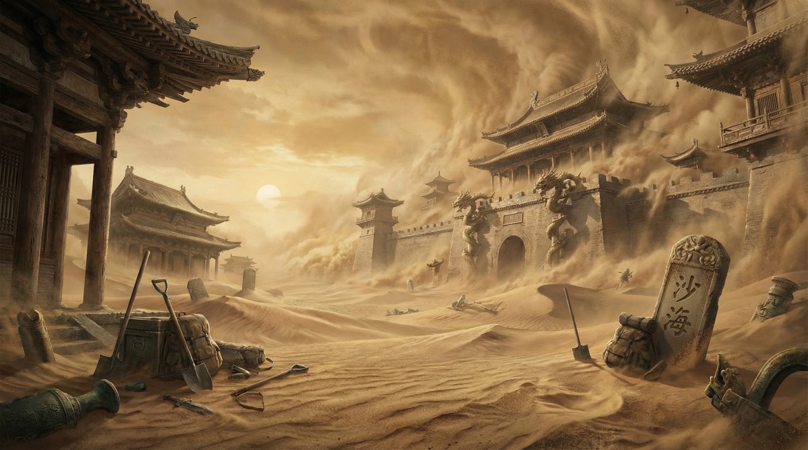 盗墓笔记沙海的场景，近景是一片沙地，远景，远处黄沙弥漫，有古老的中式建筑埋藏在画沙之下，游戏cg风格预览效果