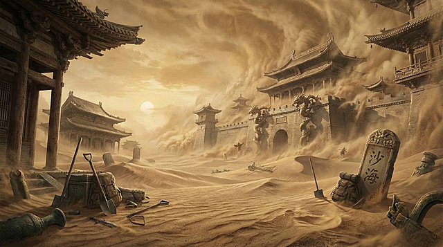 盗墓笔记沙海的场景，近景是一片沙地，远景，远处黄沙弥漫，有古老的中式建筑埋藏在画沙之下，游戏cg风格