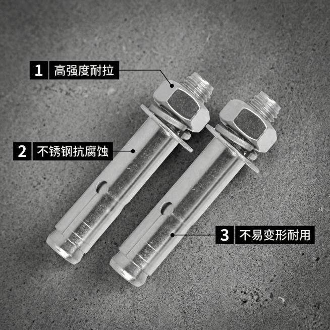 [主图 2] 201不锈钢膨胀螺丝核心卖点展示，工业五金风格。基于原图产品，保留产品主体形态。商业摄影质感、硬光高对比、产品清晰真实、画面干净高级。产品占据画面中心区域，用数字序号123标注核心卖点，预览效果