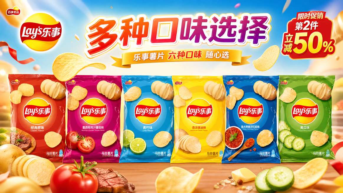 乐事薯片多口味组合促销广告横版图片，展示图片中的六种不同口味乐事薯片包装袋，突出多种口味选择的卖点，整体风格活泼有食欲，添加促销氛围，画面清晰，适合作为广告宣传图预览效果