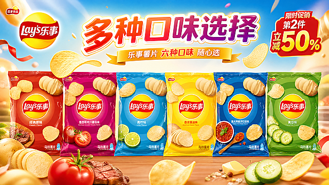乐事薯片多口味组合促销广告横版图片，展示图片中的六种不同口味乐事薯片包装袋，突出多种口味选择的卖点，整体风格活泼有食欲，添加促销氛围，画面清晰，适合作为广告宣传图