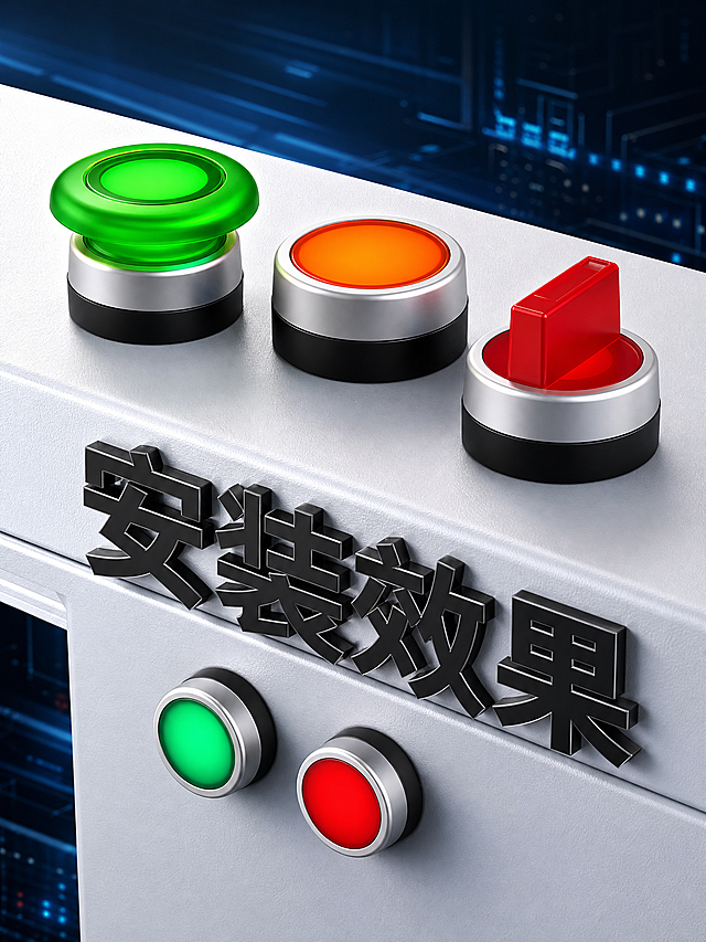电商详情页安装效果图，LA38系列按钮开关安装效果展示，750px宽竖版，深蓝科技工业风，产品精修。全部文字使用思源黑体 Bold字体。

[商品] 使用用户上传的多款按钮开关产品图；保留绿色高头带灯按钮、橙色平头带灯按钮、红色旋钮开关、绿色平头按钮、红色平头按钮等多款产品的结构、颜色和材质；产品精修，各色按钮头/旋钮头光滑通透（带灯效果），银色金属环高光锐利，黑色底座细腻，金属质感真实，无灰尘划痕。

[画面] 页面目标：展示多款按钮开关安装在电控柜/设备面板上的实际效果，体现安装后的美观与专业。构图：顶部产品安装特写+中部大标题+底部面板安装效果。主体位置：画面上半部分为白色电控柜面板局部特写，面板上安装三款按钮（绿色高头、橙色平头、红色旋钮）；画面下半部分为面板侧面安装的两款平头按钮（绿、红）；中部偏下为大标题立体字。阅读动线：从上到下，顶部产品安装→大标题→底部侧面安装。前景：安装面板+多款产品+立体文字；中景：面板细节、产品安装缝隙；后景：深蓝色渐变+工业科技感背景+光线效果。

[视觉] 套系策略：风格=深蓝黑科技感工业风；标题字=思源黑体 Bold超大粗体；正文字=思源黑体 Bold；主色=深蓝/黑色；背景延展=基于深蓝黑做深浅层级、渐变和工业科技场景/光线效果；强调色=绿色（绿色按钮）+橙色（橙色按钮）+红色（红色旋钮/按钮）+银色（金属环）+白色（面板），仅用于产品和重点标签；标题色=黑色立体字（带立体效果）；正文色=白色；组件=立体大标题、白色面板；光影=左前侧硬光，金属高光锐利，按钮头通透有带灯感，产品安装立体感强，面板有真实质感。

[文字]
  中部大标题（立体黑色粗体字，带立体厚度效果，斜向排列在面板边缘）：
    "安装效果"

[规格] 图片宽度750px，竖版比例约3:4，4K分辨率，避免变形、错字、文字过小、水印、平台logo、产品模糊。